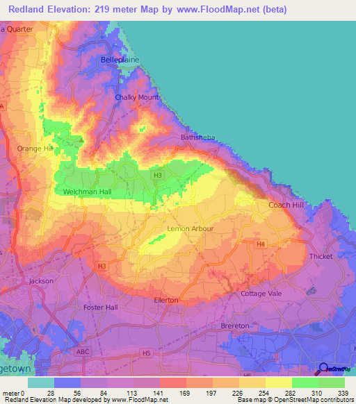 Redland,Barbados Elevation Map