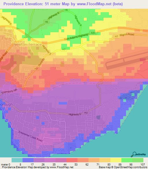 Providence,Barbados Elevation Map