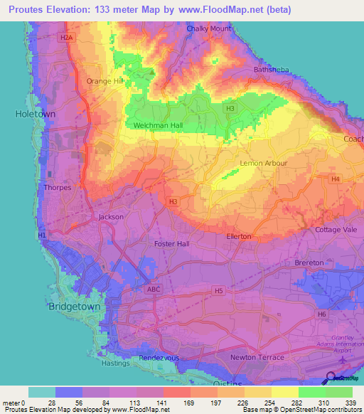 Proutes,Barbados Elevation Map