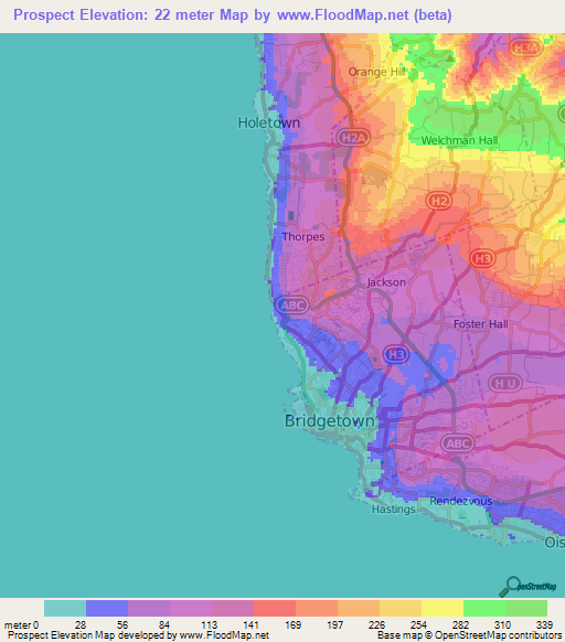 Prospect,Barbados Elevation Map