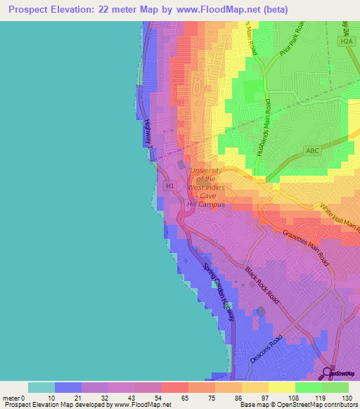 Prospect,Barbados Elevation Map