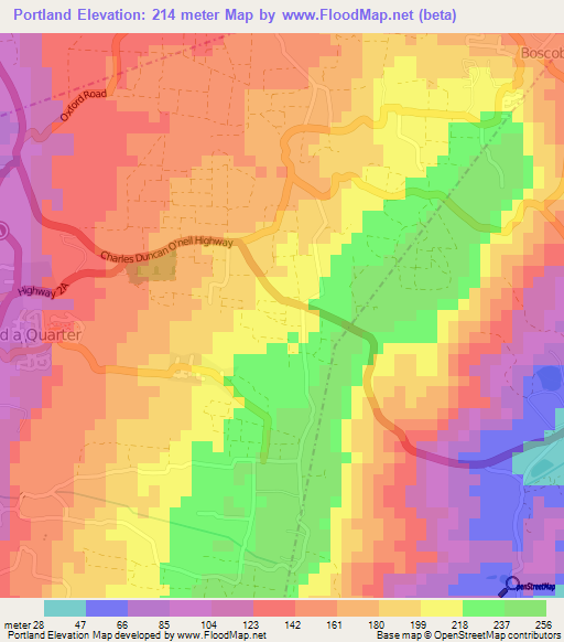 Portland,Barbados Elevation Map