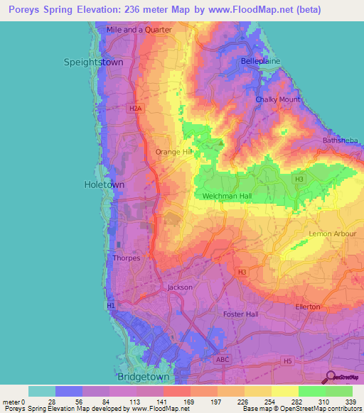 Poreys Spring,Barbados Elevation Map