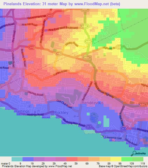 Pinelands,Barbados Elevation Map
