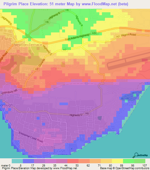 Pilgrim Place,Barbados Elevation Map