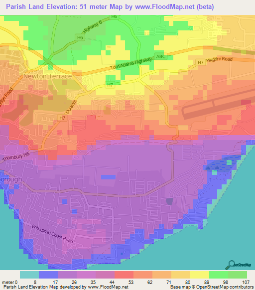 Parish Land,Barbados Elevation Map