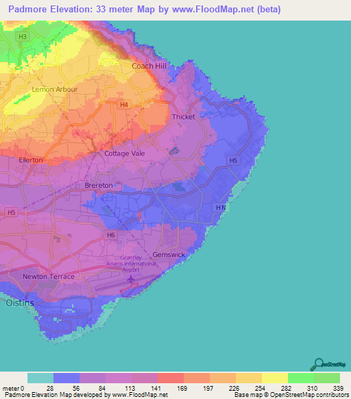 Padmore,Barbados Elevation Map
