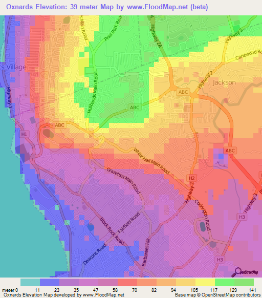 Oxnards,Barbados Elevation Map
