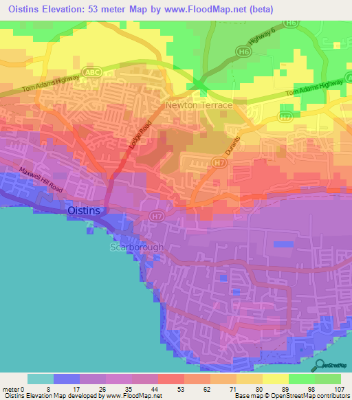 Oistins,Barbados Elevation Map