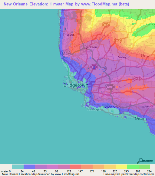 New Orleans,Barbados Elevation Map
