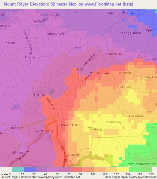 Mount Royer,Barbados Elevation Map