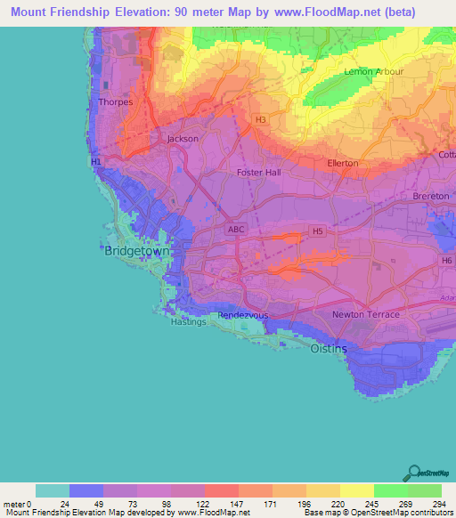 Mount Friendship,Barbados Elevation Map