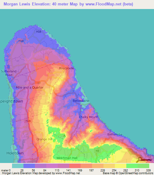Morgan Lewis,Barbados Elevation Map