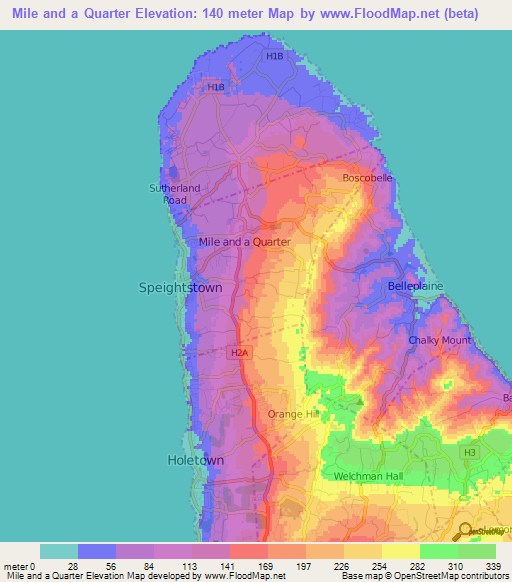 Mile and a Quarter,Barbados Elevation Map