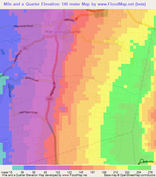 Mile and a Quarter,Barbados Elevation Map