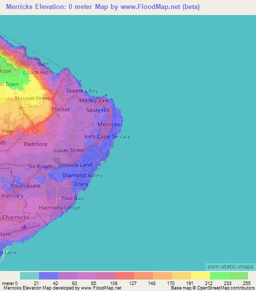 Merricks,Barbados Elevation Map