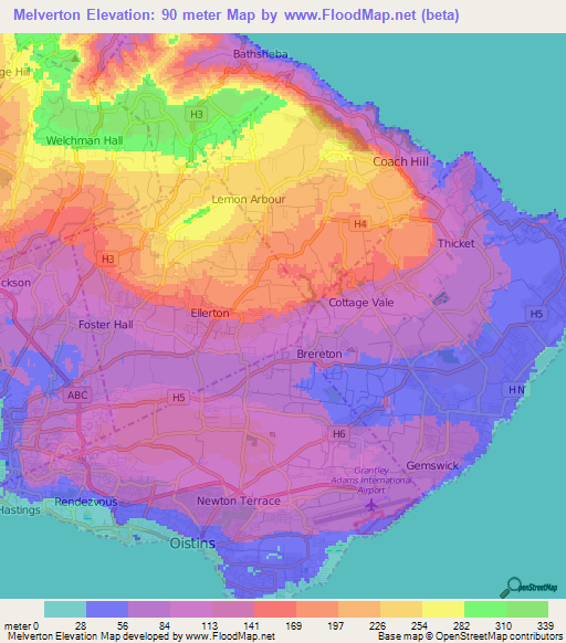 Melverton,Barbados Elevation Map