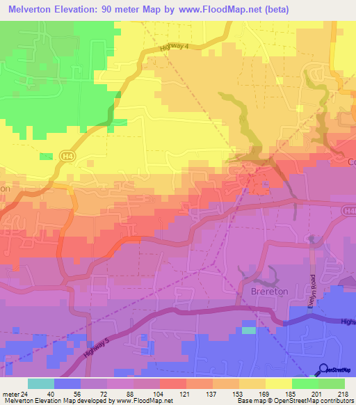 Melverton,Barbados Elevation Map