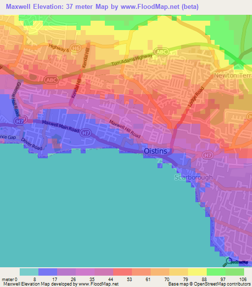 Maxwell,Barbados Elevation Map
