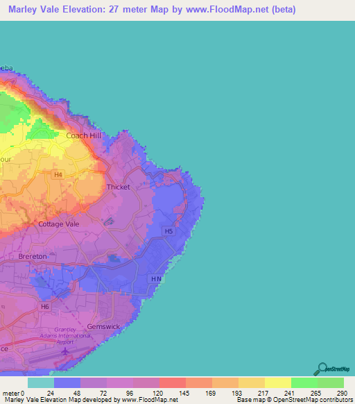 Marley Vale,Barbados Elevation Map