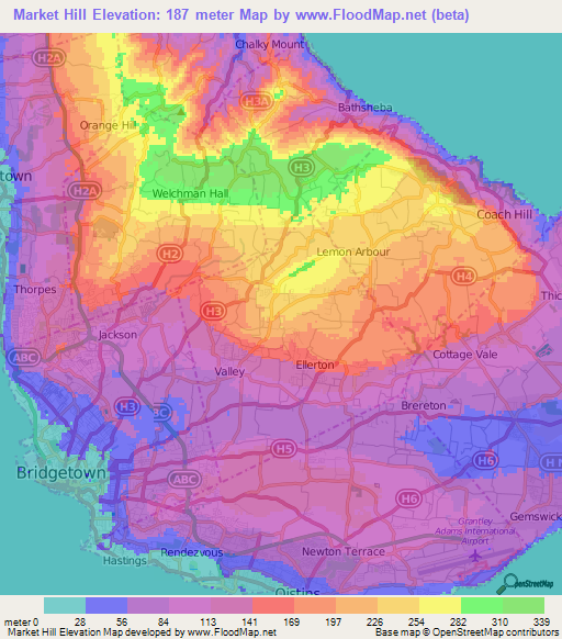 Market Hill,Barbados Elevation Map