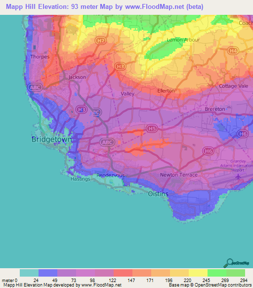 Mapp Hill,Barbados Elevation Map