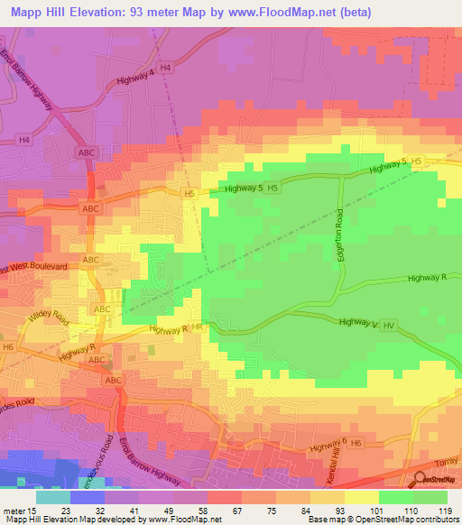 Mapp Hill,Barbados Elevation Map