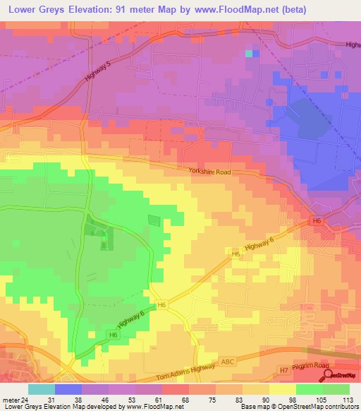 Lower Greys,Barbados Elevation Map