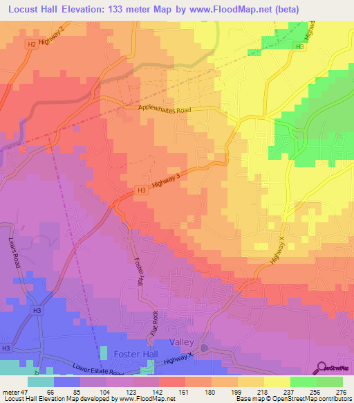 Locust Hall,Barbados Elevation Map
