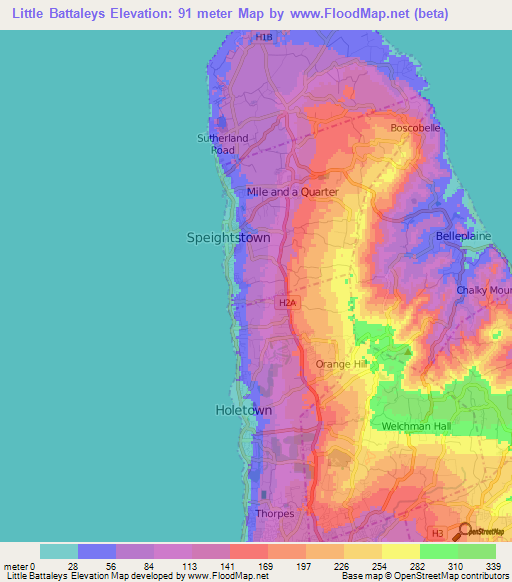 Little Battaleys,Barbados Elevation Map