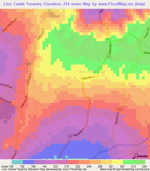 Lion Castle Tenantry,Barbados Elevation Map