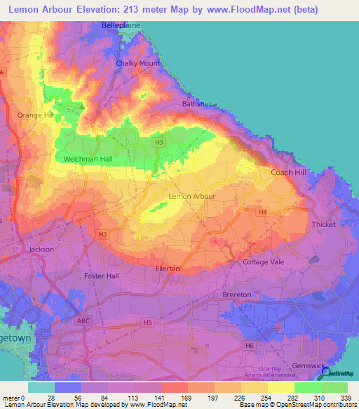 Lemon Arbour,Barbados Elevation Map