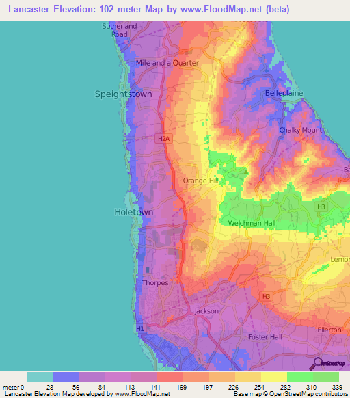 Lancaster,Barbados Elevation Map