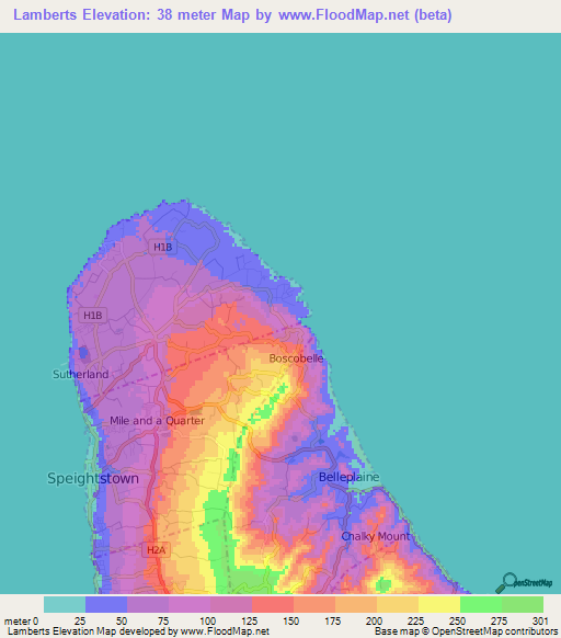 Lamberts,Barbados Elevation Map