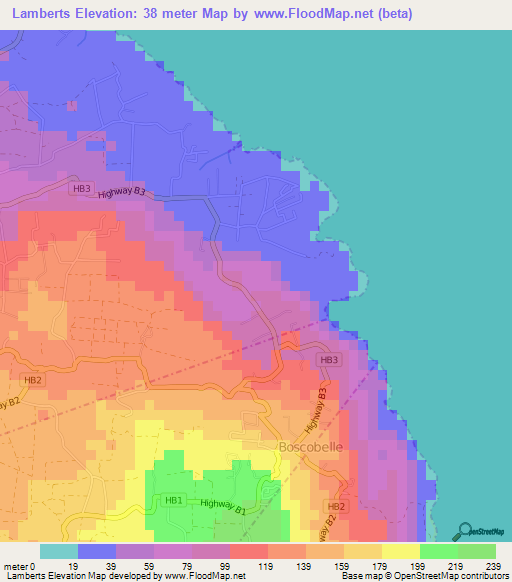 Lamberts,Barbados Elevation Map