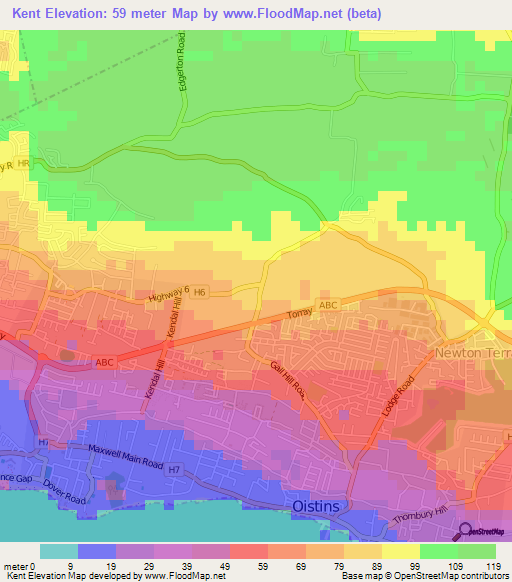 Kent,Barbados Elevation Map