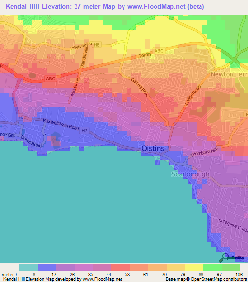 Kendal Hill,Barbados Elevation Map