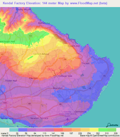 Kendal Factory,Barbados Elevation Map