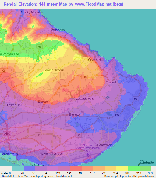 Kendal,Barbados Elevation Map