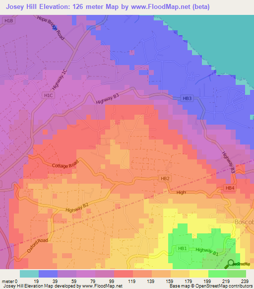 Josey Hill,Barbados Elevation Map