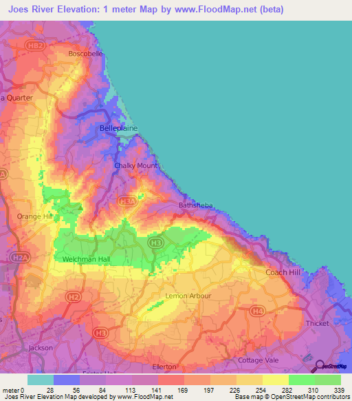 Joes River,Barbados Elevation Map
