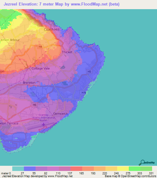 Jezreel,Barbados Elevation Map