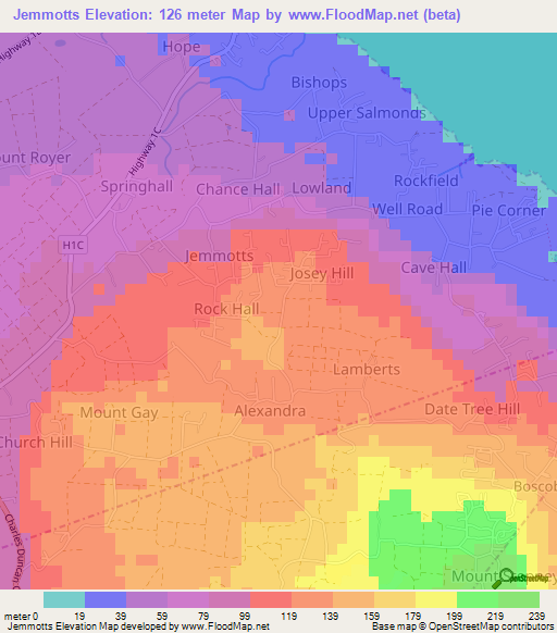 Jemmotts,Barbados Elevation Map