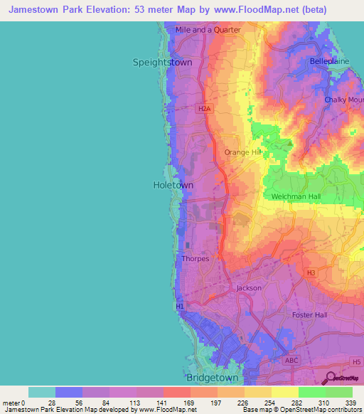 Jamestown Park,Barbados Elevation Map