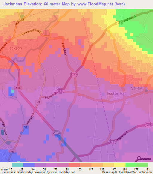 Jackmans,Barbados Elevation Map