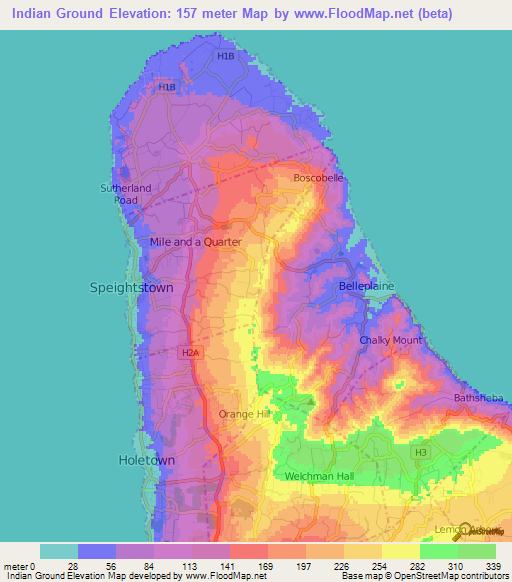 Indian Ground,Barbados Elevation Map