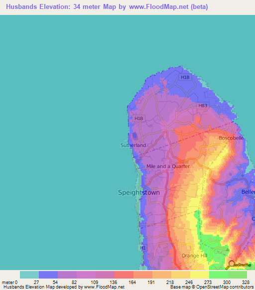Husbands,Barbados Elevation Map