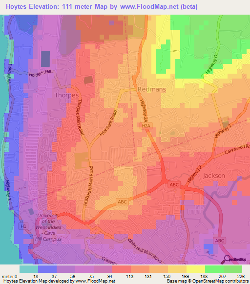 Hoytes,Barbados Elevation Map