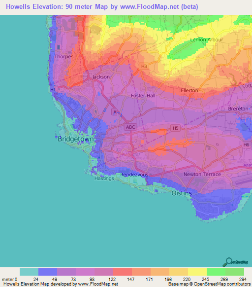 Howells,Barbados Elevation Map