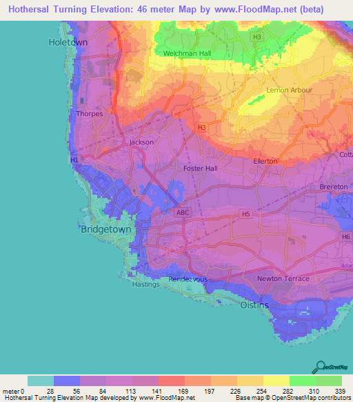 Hothersal Turning,Barbados Elevation Map